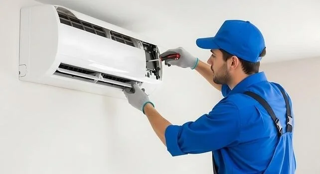 AC technician servicing indoor split air conditioner – Mr.Helper AC repair