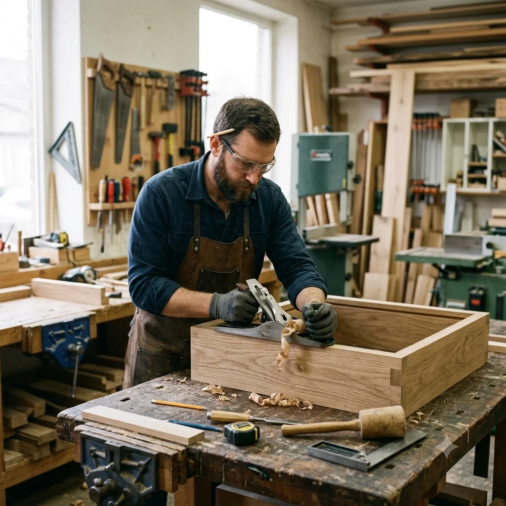 Carpenter planing wood at workbench – Mr.Helper carpentry service