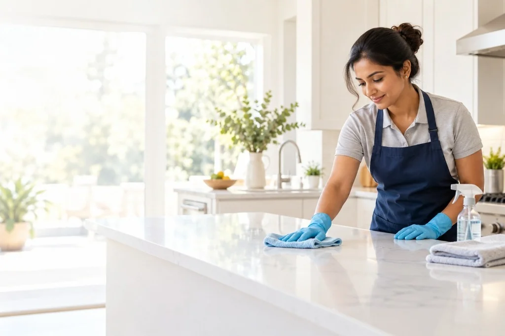 Professional cleaner wiping kitchen counter – Mr.Helper cleaning service