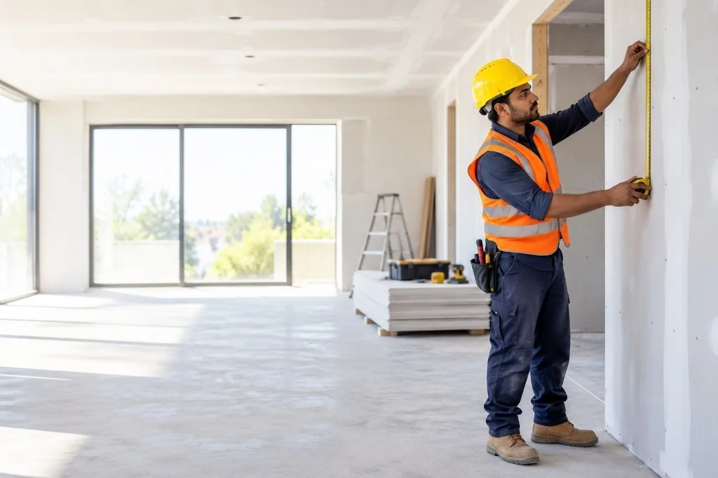Construction worker measuring wall with tape – Mr.Helper labour service